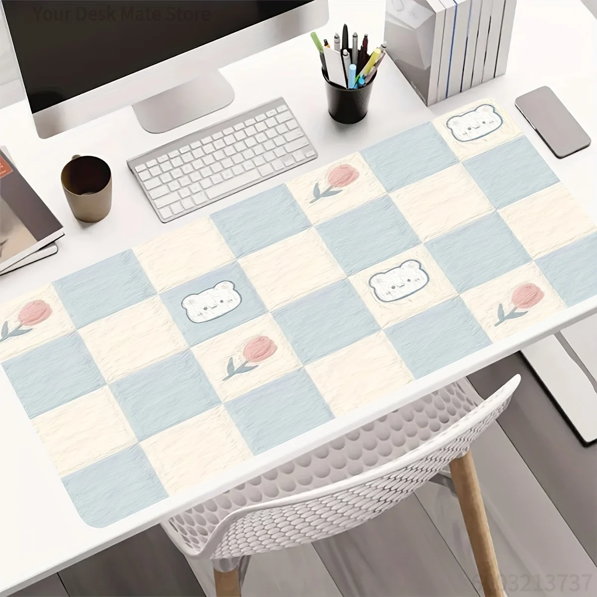 Pastel Desk Pad Checkerboard Sakura Cloud Rainbow Quote Pattern Mousepad Non‑Slip Rubber Base Keyboard Mat for Desktop Decor