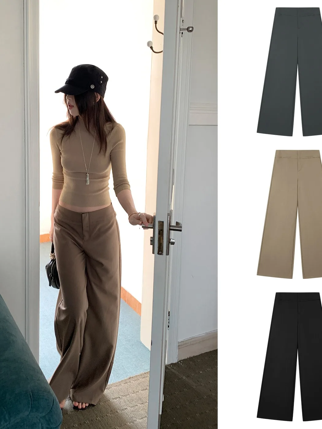 

Sweetknit New Loose Wide Leg Pants Low Waist Fur Collar Design West Pants Y3889 Women's Premium Faion Trousers