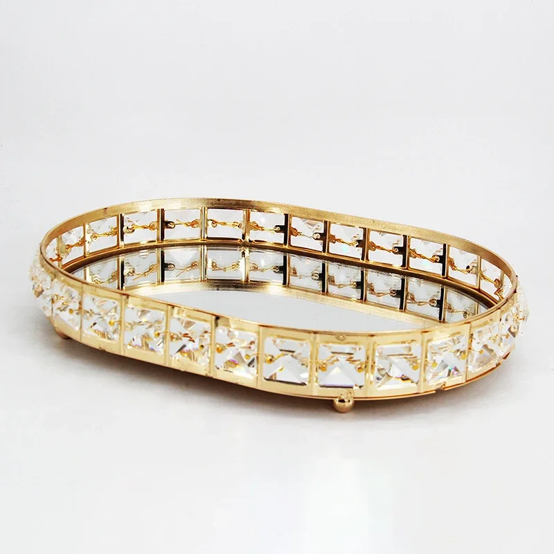 z Metal glass mirror home decoration gold crystal storage tray fruit plate cake cookies dessert tray