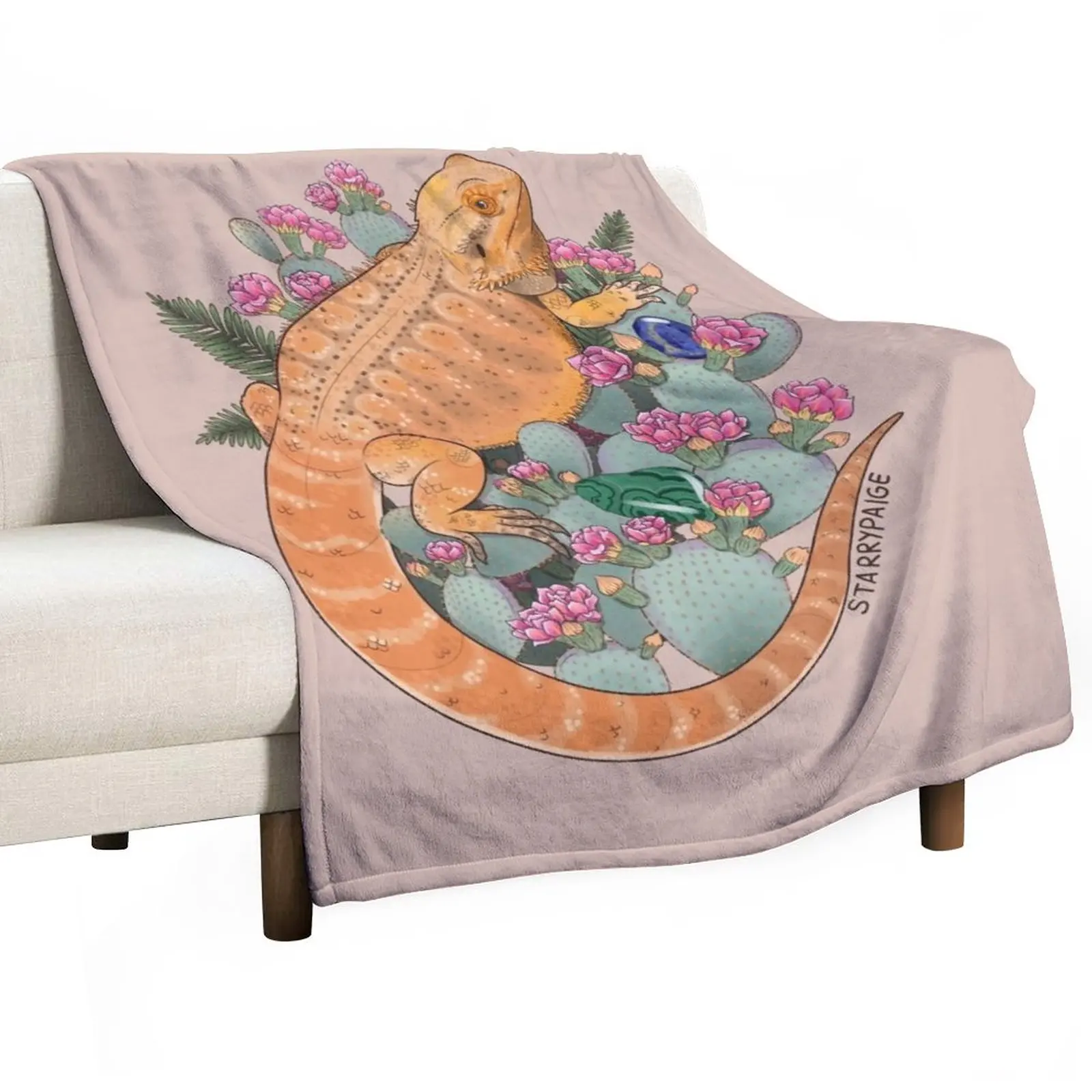 Bearded Dragon with Blooming Opuntia Cactus and Boston Ferns with Crystals Throw Blanket Hairy Blanket Luxury St Blanket