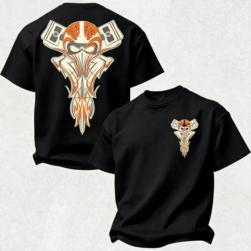 2026 Now Men Phantom Pinstripe Short‑Sleeve T‑Shirt, Helmet Skull Piston Graphic Print Crewneck Biker‑Style Casual Top