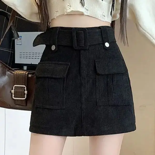 Saia retrô americana de veludo cotelê feminina, cintura alta, linha A, curta para os quadris, culottes, roupa de trabalho americana, novo estilo, outono, inverno, 2022