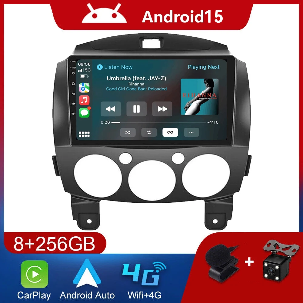Android 15 Carplay Auto Car Radio Multimedia Video Player with 4G WIFI GPS Navigation Stereo Head Unit for Mazda 2 2007-2014
