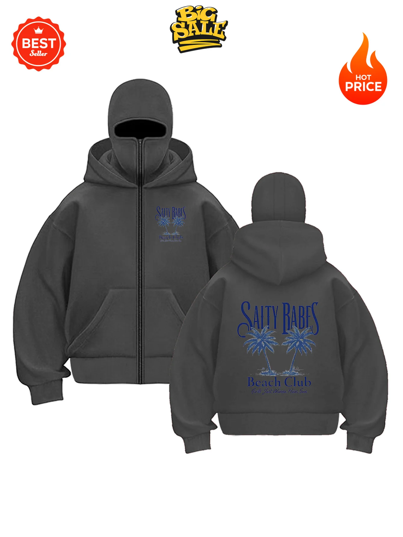 

Y2K Print Double Hood Zip Up Hoodie, Oversized Coconut Tree Sweatshirt, Men Women Casual Streetwear Jacket
