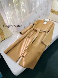 Lingzhi Sister Top Quality Camel Silk Cashmere Coat Woolen Outerwear Elegant Brief Slim V-Neck Autumn Winter Overcoat NewArrival