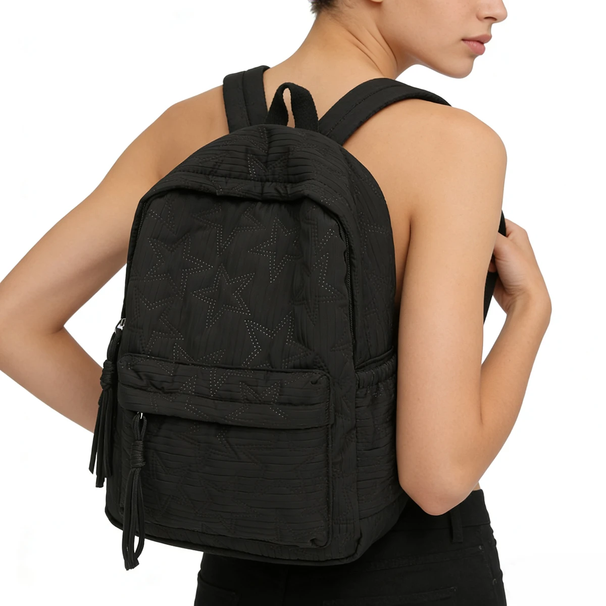 

Tiptoegirls Textured Nylon Backpack with Star Perforation & Tassel Lightweight Casual Daypack Front Pocket Daily Use Urban Style