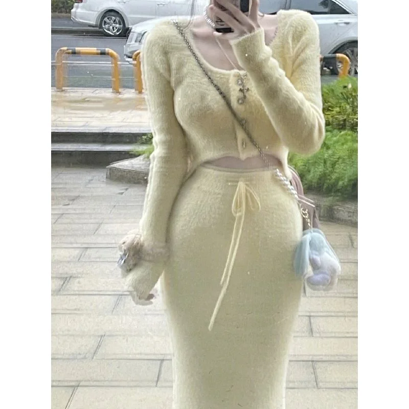 

2023 Autumn Solid Elegant Suit Woman Casual Short Sweater Tops + Y2k Slim Bodycon Midi Skirt Outwear Korean Fashion 2 Piece Set