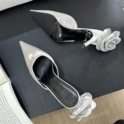 Eilyken Designer Silk Flower Woman Pumps Fashion Shallow Pointed Toe Low Thin Heels Shoes Ladies Slingbacks Slippers