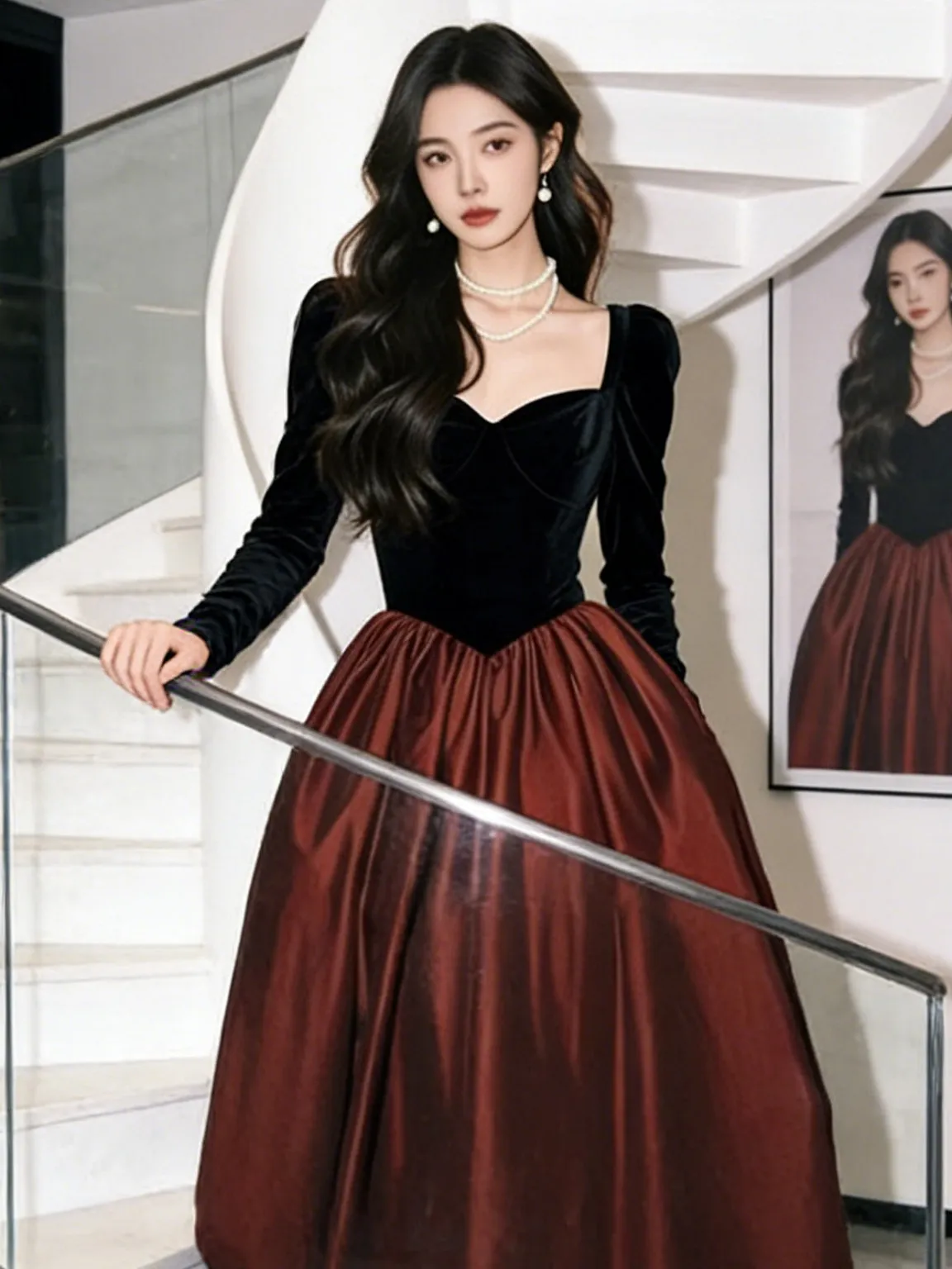 

Red Wine Color Long Sve Square Collar Evening Dr Women's Engagement Wedding High Waist Princ Sle Gown Korean Sle