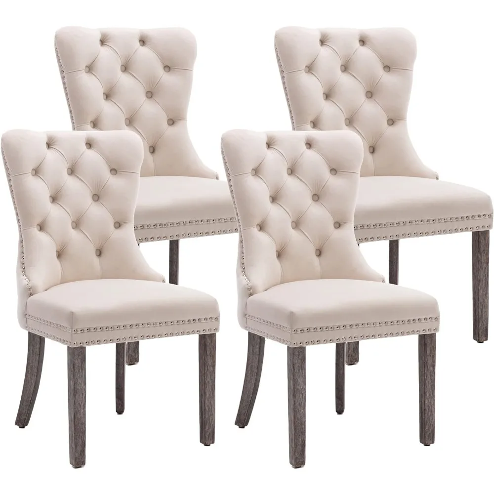 Velvet Dining Chairs, Upholstered High-end Tufted Dining Room Chair with Nailhead Back Ring Pull Trim Solid Wood