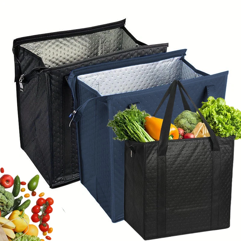 Bolsa de comestibles reutilizable con aislamiento grande con cremallera y bolsillo frontal, mantiene fresco/caldo durante horas para acampar, picnic, pesca, compras