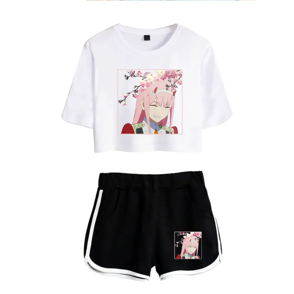 Cartoon Cute DARLING in the FRANXX Exposed Zero Print Cool Sexy Shorts+lovely T-shirts Dew navel Pretty Girl suits Two Piece Set - Image 2