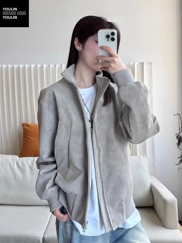 

Matte Dyed ort Leather Jaet Men's Autumn Motorcycle American Pilot Jaet Trendy Brand Stand Collar Baseball Outfit