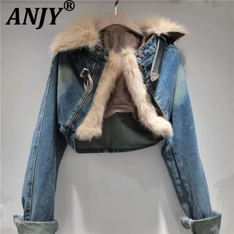 

ANJY Autumn Winter Women Niche Personality Thickened Cardigan Trend Street Batwing Sleeve Spliced Denim Cotton Jacket Ins A12714