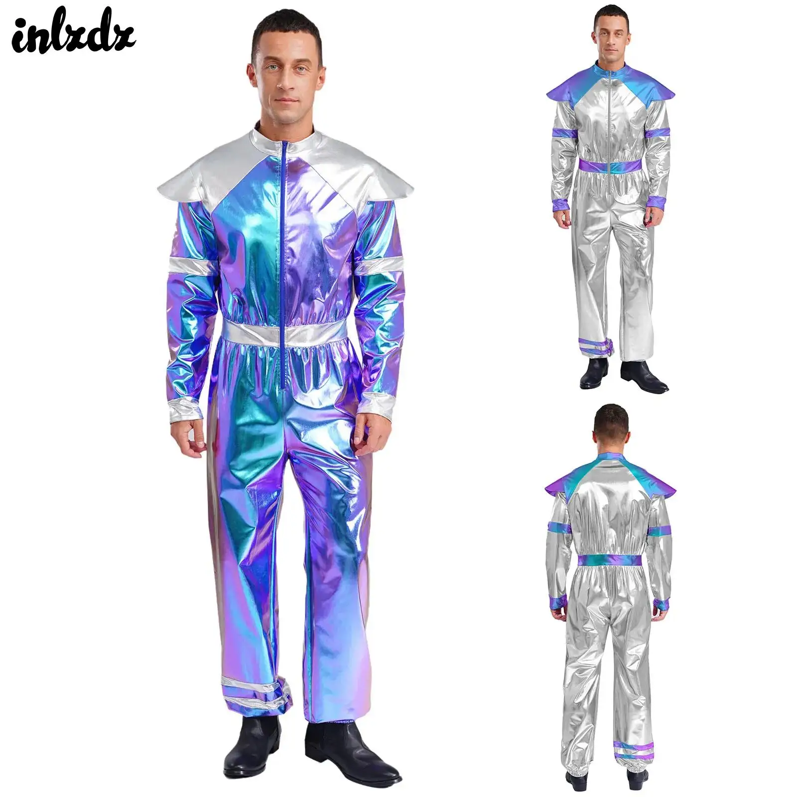 

Mens Shiny Metallic Retro Space Alien Coveralls Jumpsuit Astronaut Pilots Robot Role Play Outfits Halloween Cosplay Costume