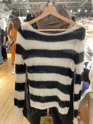 Stripes Classic Thin Sweater Woman Clothes Slash Neck Long Sleeve Knitted Pullover Autumn Casual Vintage Y2k Jumper Tops Chic