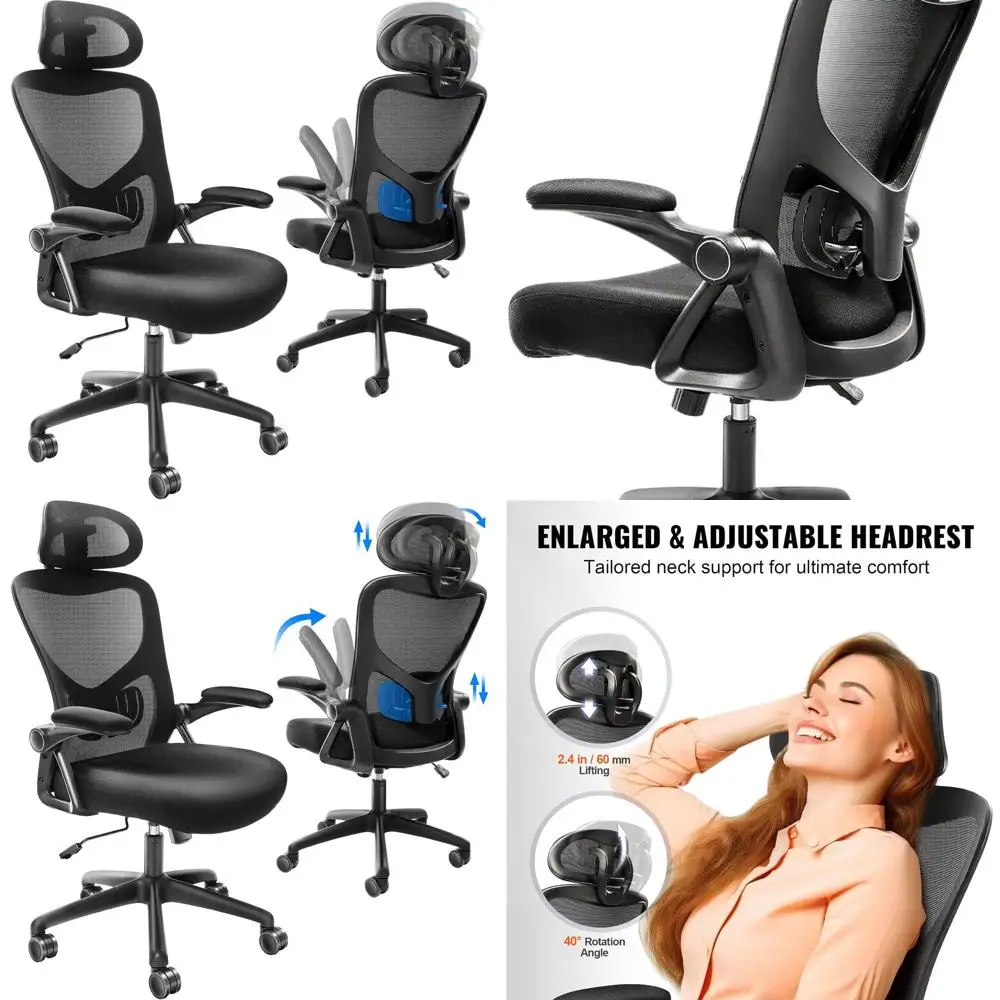 

Ergonomic Office Chair, Adjustable Lumbar Support and Headrest, Home Desk Chair with Flip-up Armrest, 90-128° Tilt Rocking and T