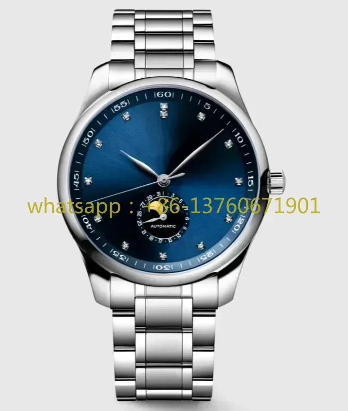 Luxury New New Mens Watch Automatic Mechanical 904L Master MoonPhase Steel Leather Blue Diamonds Collection Wristwatch 42mm