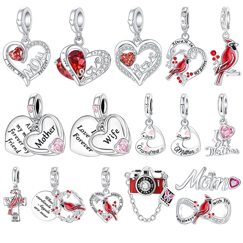 

Original Charms Bead 925 Sterling Silver Red Heart-shaped Zircon Love Pendants Bird Beads Fit Bracelet DIY Jewelry Marking