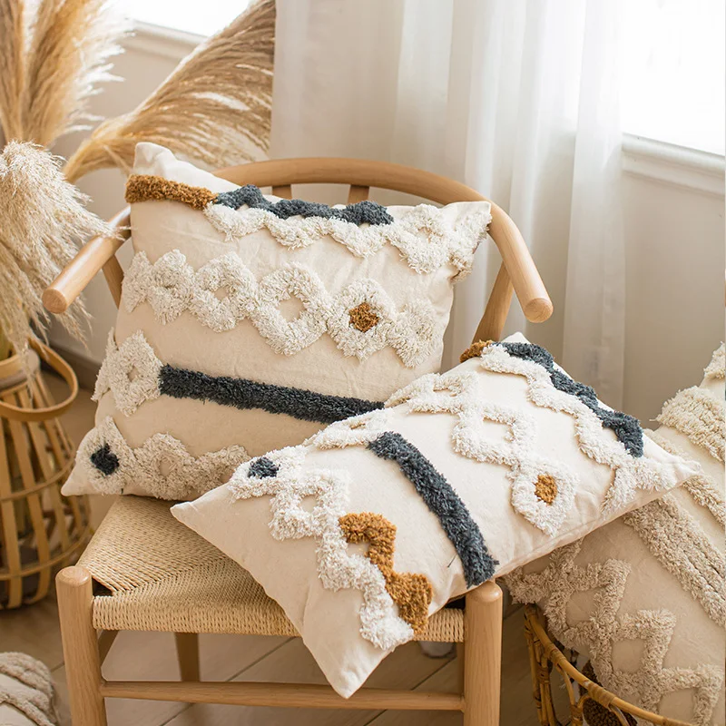 Geometric Tufted Cushion Cover Boho Cotton Canvas Pillow Cover Moroccan Loop Tufted Tassel Living Room Sofa Cushion Cover