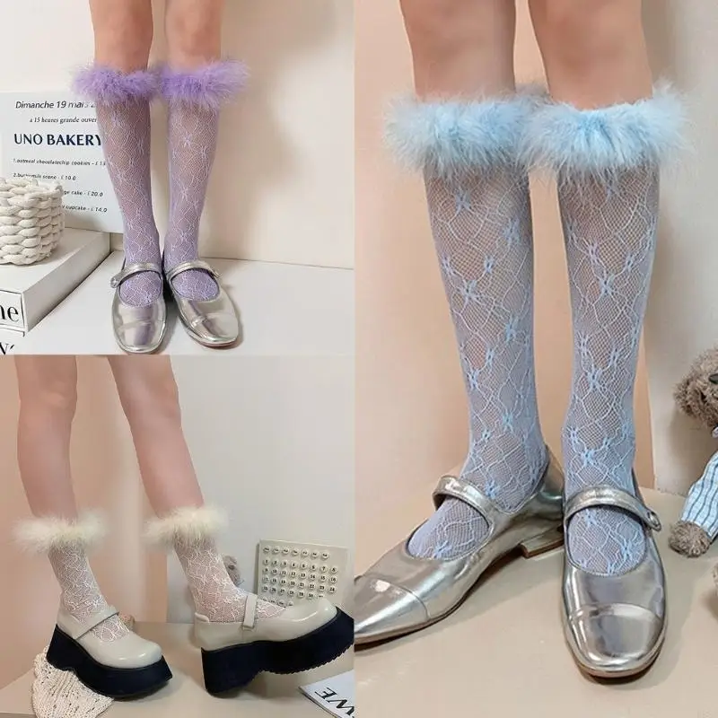 P88A الجوارب النسائية الدانتيل العجل الجوارب بلون شبكة جوارب الركبة جوارب فروي الزخارف #1