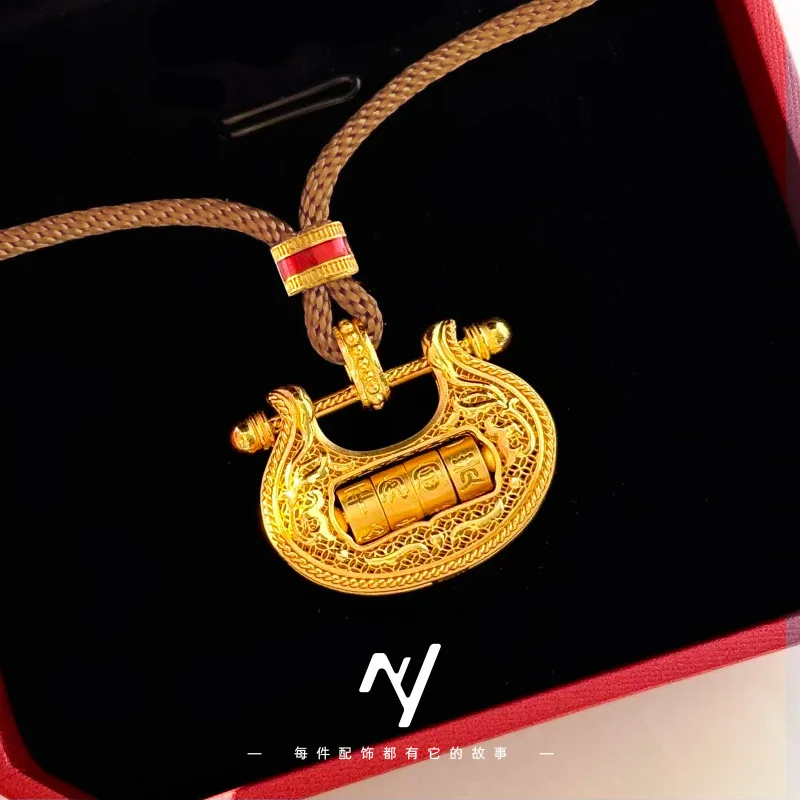 Vietnam sand gold can turn hollow flower silk age peace wealth lock bag pendant collarbone necklace 9999gold
