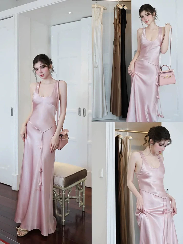 

Новое женское летнее атласное платье Ele Satin без бретелек, длинное, приталенное, с завышенной талией, в корейском стиле, для выступлений