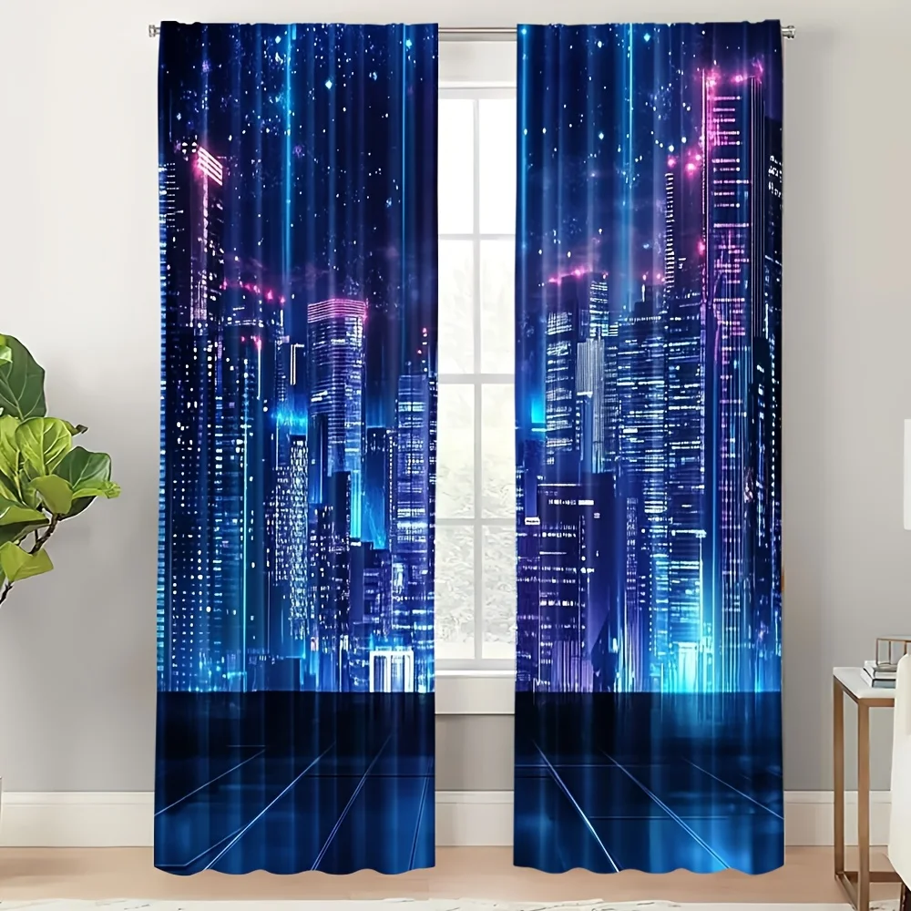 2pcs Cyberpunk City Curtains Neon Night Print Blackout Drape Living Room Bedroom Window Treatment Home Decor
