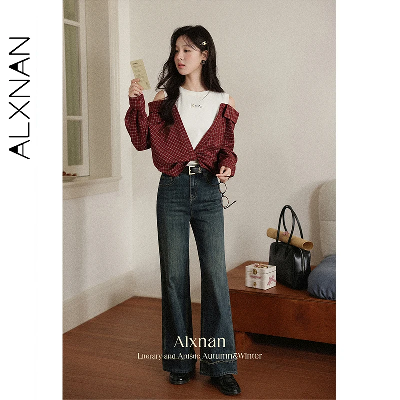 

ALXNAN Red Plaid Patchwork Shirt Fake Two Piece Women's Blouses 2026 Loose Fit Casual Elegant Long Sleeve Tops Female L56807