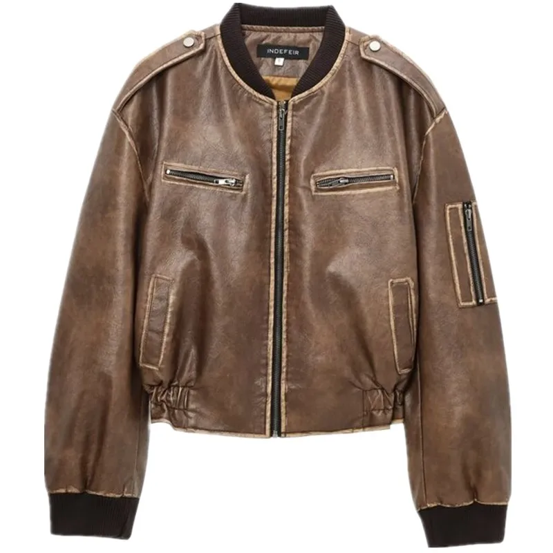 Retro Faux Leather Jaet Women's Loose Fit Autumn Winter New Sle Design Sense Rubbing Leather Coat Casual ort Outerwear