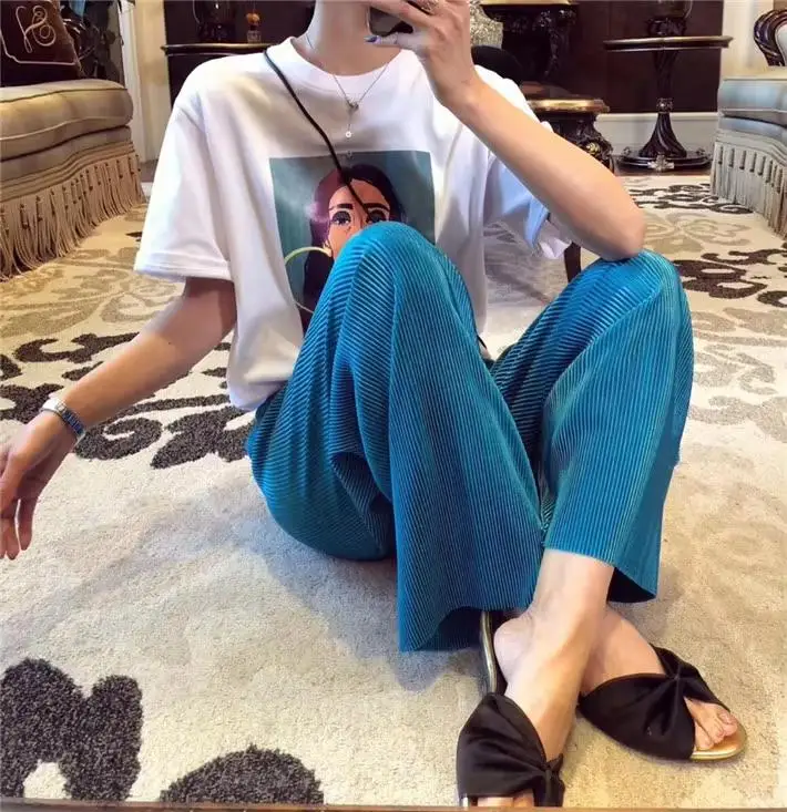 Women Fashion Summer Wide Leg Pants Pleated Ice Silk Trousers Elastic Waist Loose Casual Pants