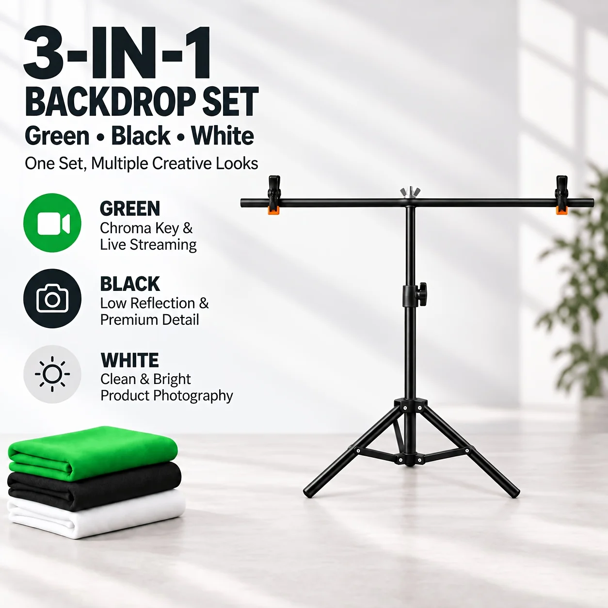 70×98cm T Shape Tabletop Backdrop Stand Set with 3 Color 100x150cm Background Cloths & 2 Clips for Photography Live Stream