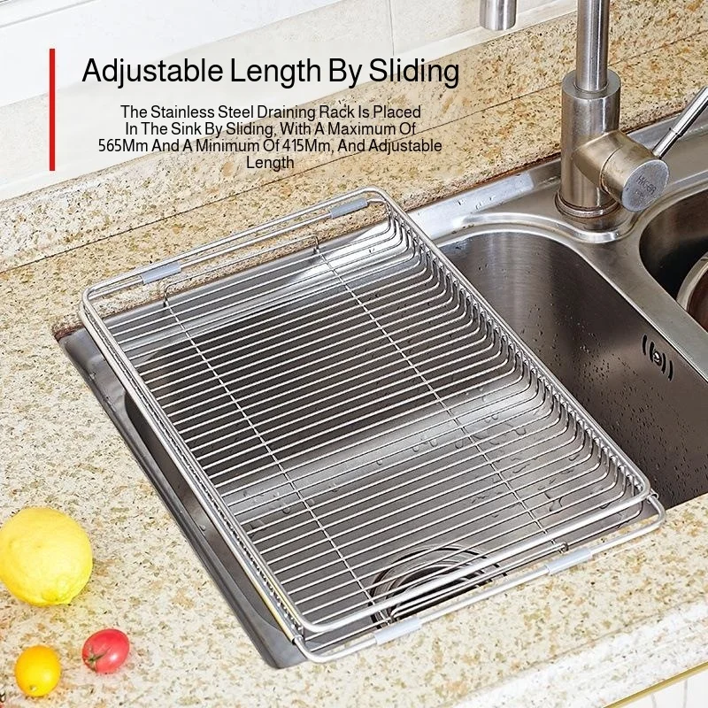 رف تجفيف بالوعة |   تجفيف أطباق من الفولاذ المقاوم للصدأ قابل للسحب لحوض المطبخ، تصريف وتخزين 2 في 1