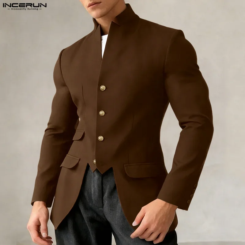 

INCERUN Men Blazer Solid Color Stand Collar Long Sleeve Male Suit Streetwear Button 2026 Fashion Irregular Blazer Thin Coats Men