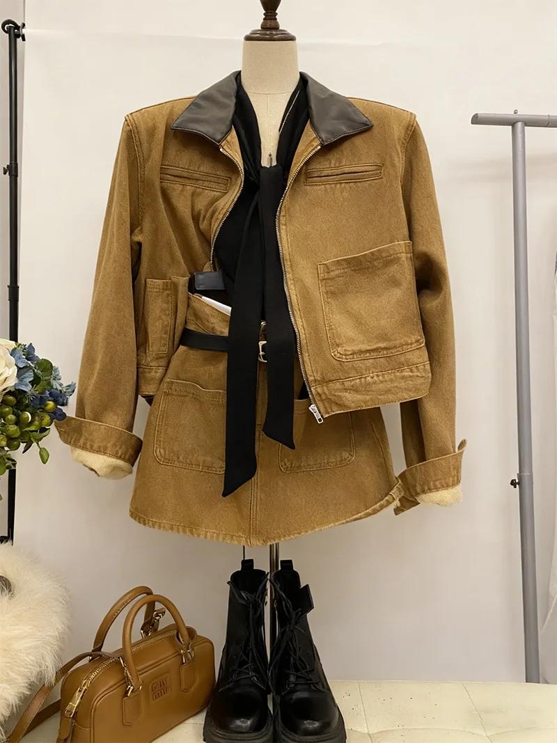 

Ретро-комплект из джинсовой ткани в американском стиле: куртка с подкладкой и юбка, модный универсальный комплект верхней одежды с отложным воротником для женщин