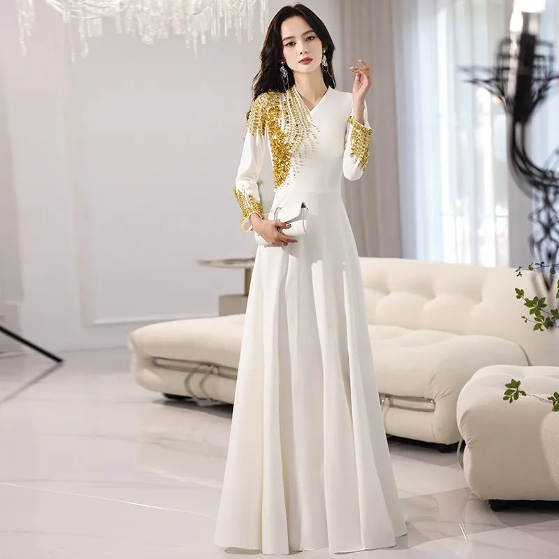 

Evening Dress Sequins Appliques Luxurious V-Neck Pleat Floor-Length Full Sleeves A-Line Simple New Woman Formal Party Gown A2385