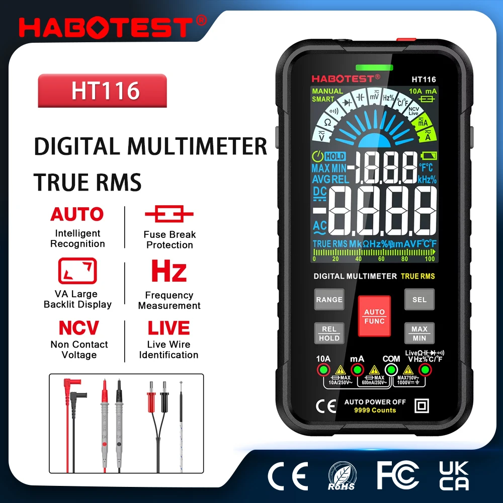 HABOTEST HT116 Digital Multimeter Smart Auto Range 1000V 10A Tester Meter Ohm Hz Capacitance REL True RMS AC DC DMM Multitester