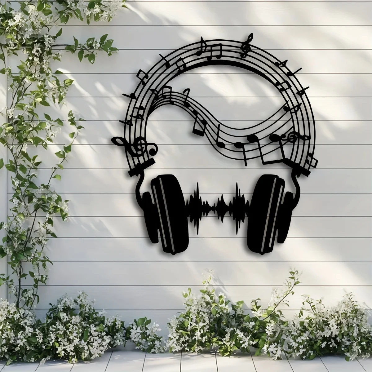 سماعات رأس أنيقة معدنية جدارية - تصميم Soundwave، ديكور استوديو الموسيقى الورقية، جدارية حديدية داخلية/خارجية للمنزل والفناء