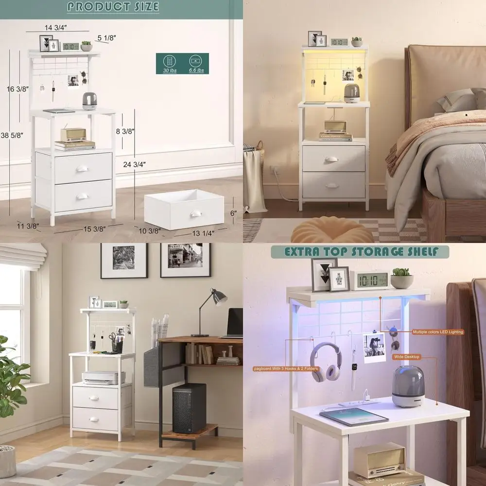 

White Tall Nightstand with Charging, LED, Fabric Drawers, Hooks, USB Ports, and Open Shelves for Bedroom or Office