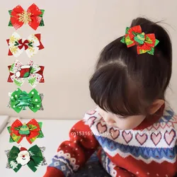 2024 Christmas Hair Clips For Kids Girls Printing Bow Hairpins Sparkly Santa Claus Xmas Socks Barrettes Party Hair Accessories