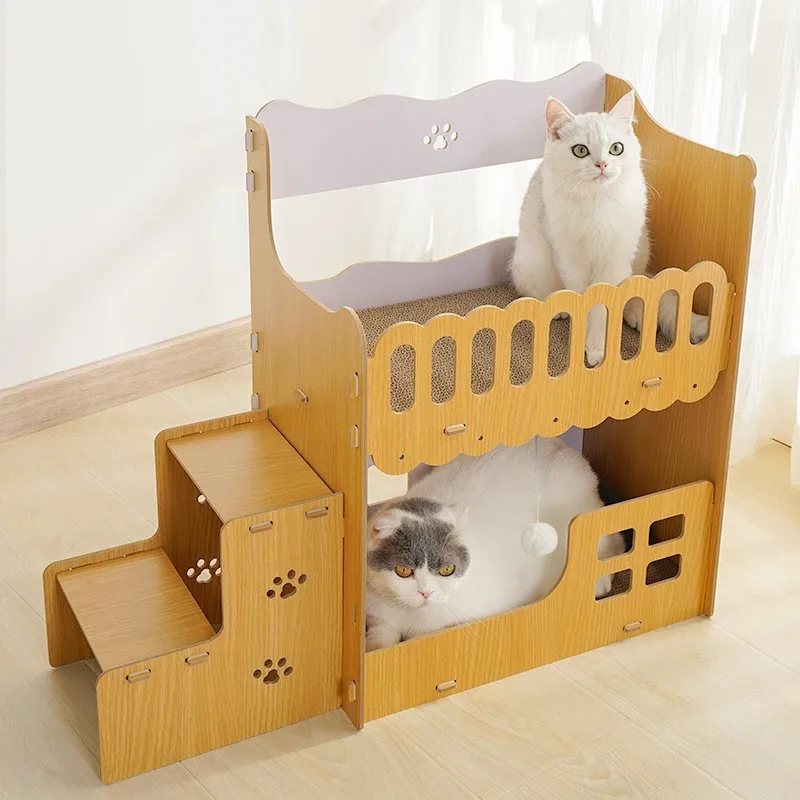 HONEY PET Corrugated Square Cat Nest Wooden Replaceable Cat Claw Board Bed Vertical Double Layer Villa Accessories Scraper