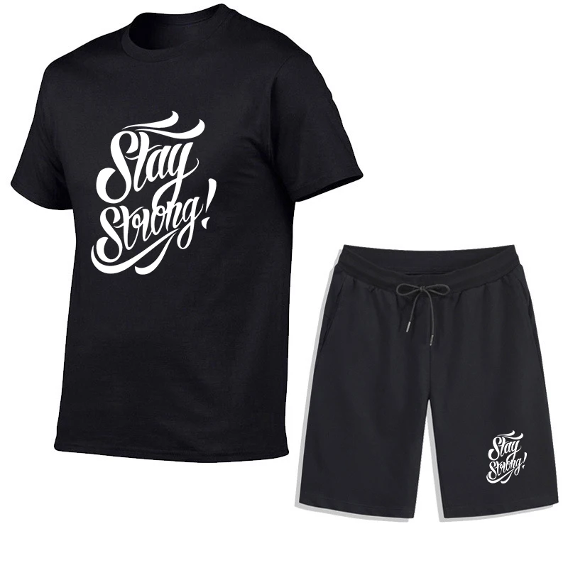 Summer Men's Stay Strong Printed Sportswear Suit Comfortable Breathable Fashion Short Pants+Short Sleeve T-shirt Set Streetwear