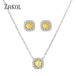 ZAKOL Fashion Yellow White Cubic Zirconia Square Stud Earrings Necklace Set for Women Shinny Round Crystal Wedding Jewelry SP314