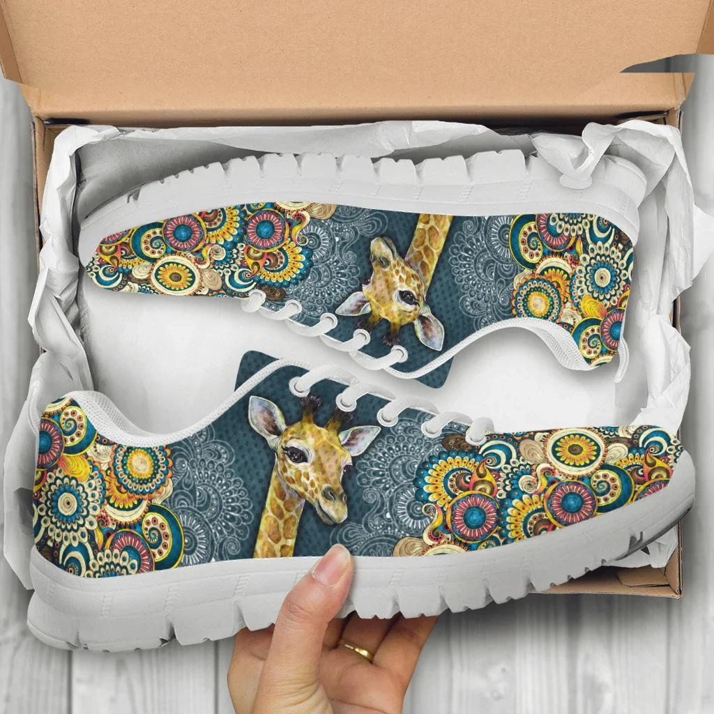 Bohemian Style Lace-up Shoes Cartoon Giraffe Print White Platform Sneakers Comfortable And Breathable Summer Shoes