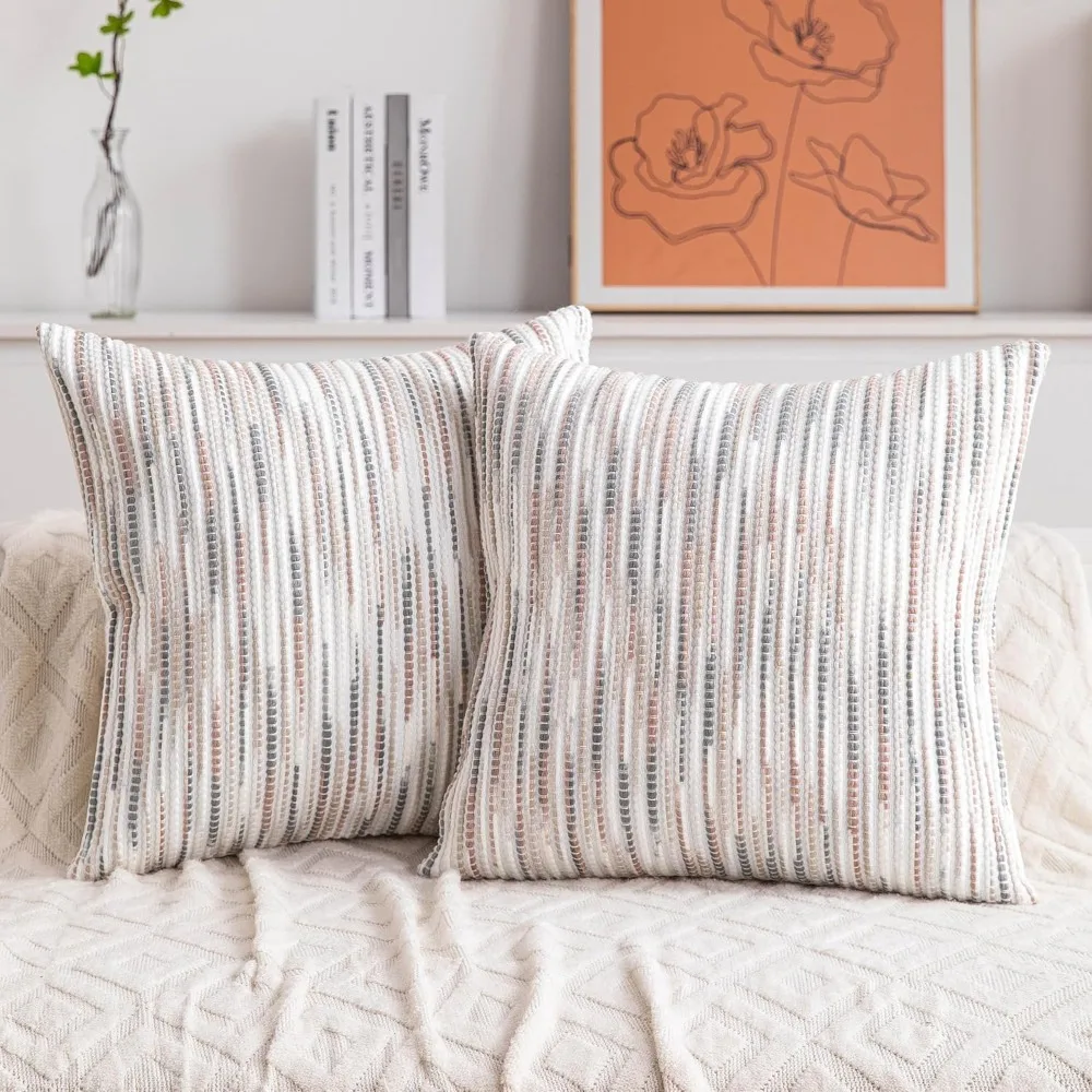 

Серые и коричневые полосатые богемные наволочки, пара 18x18 дюймов, декоративные наволочки для фермерского дома из синели