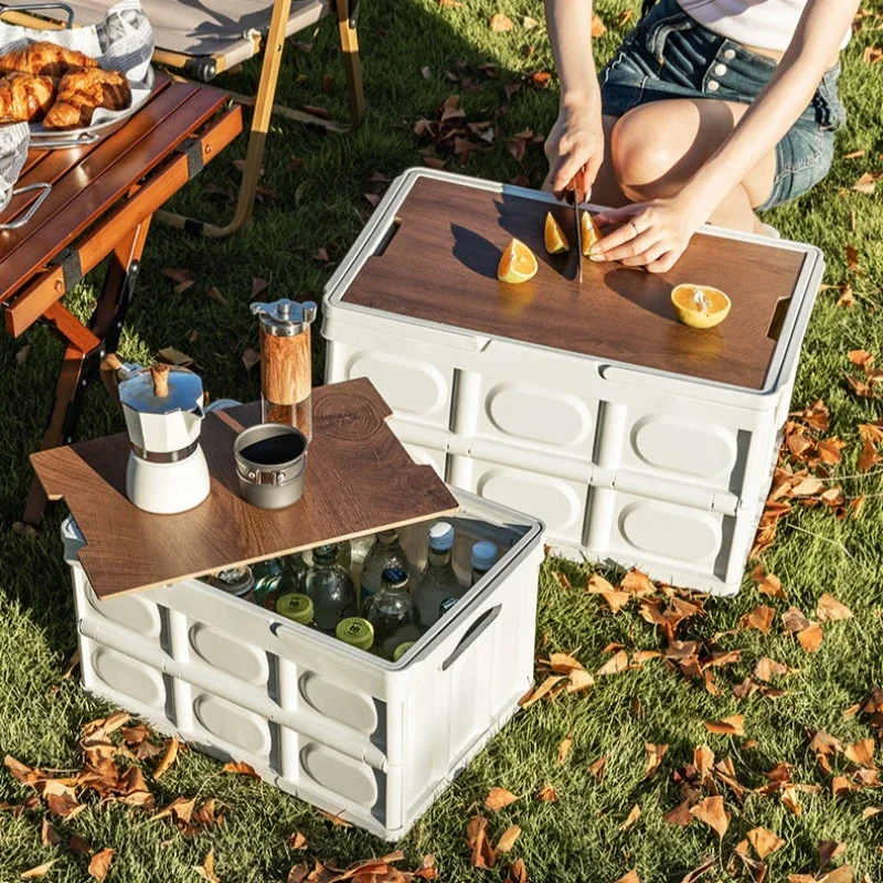 Picnic Portable Folding Camping Table IGT Storage Box Wooden Lid Trunk Picnic Foldable Lightweight Outdoor Camping Equipment