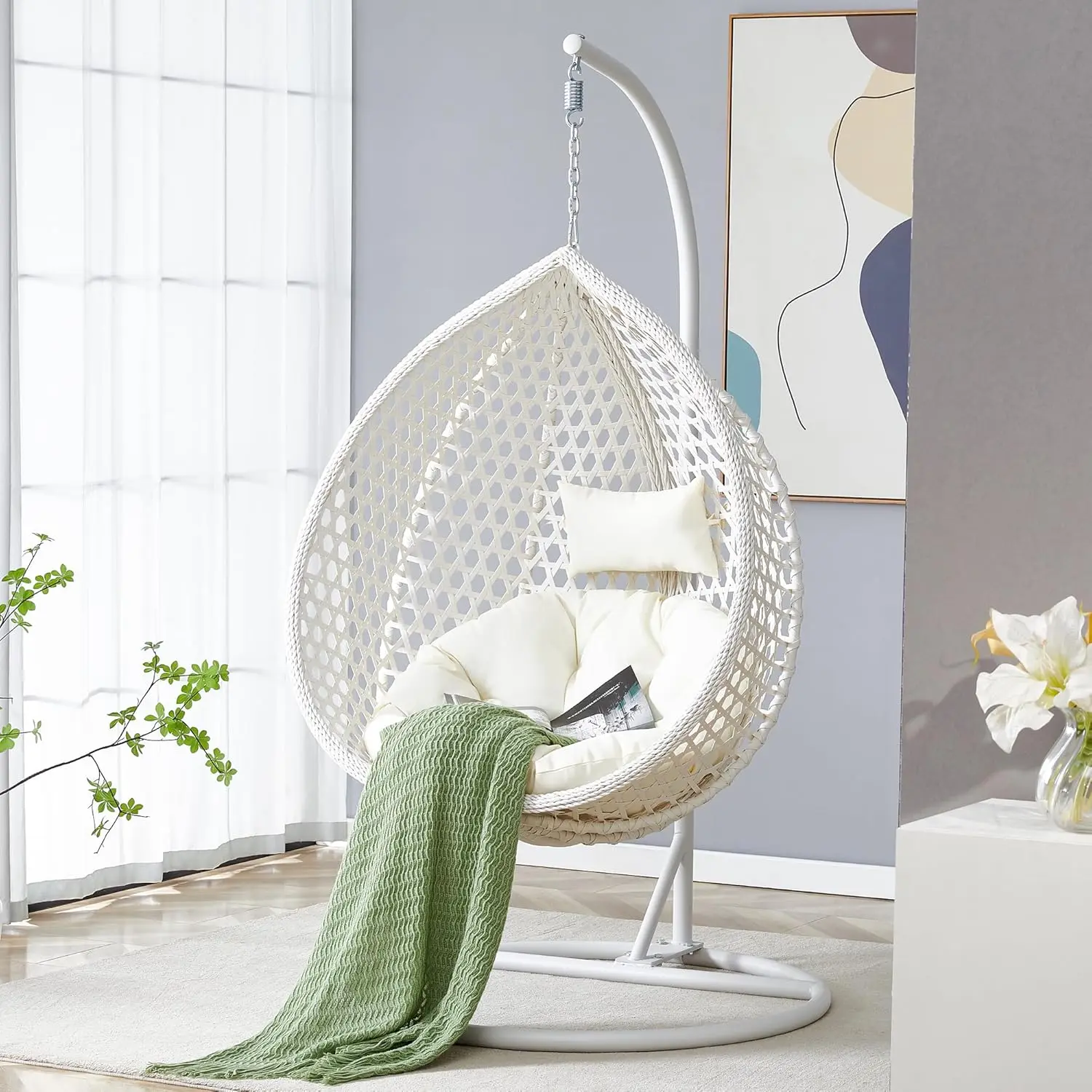 ！@Dwoo Garden Leisure Hanging Swing Chair Durable Iron Woven Rattan Heavy Duty Outdoor Furniture All Weather Waterproof Egg Chai