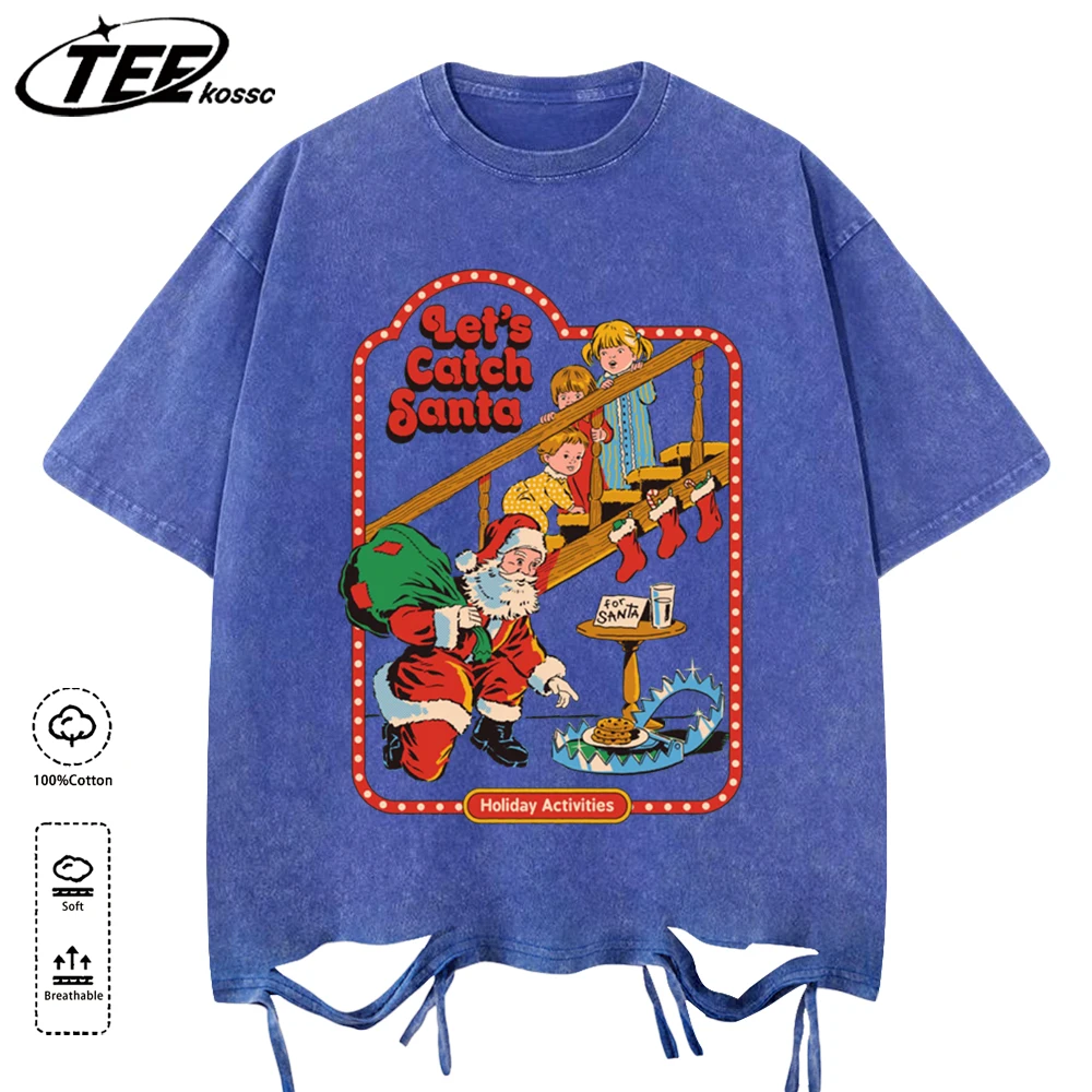 

Let Is Catch Santa Design Washed Holes T Shirts Men Summer Vintage Tops Cotton All-Match Short Sleeve Loose Unisex Tee Shirt