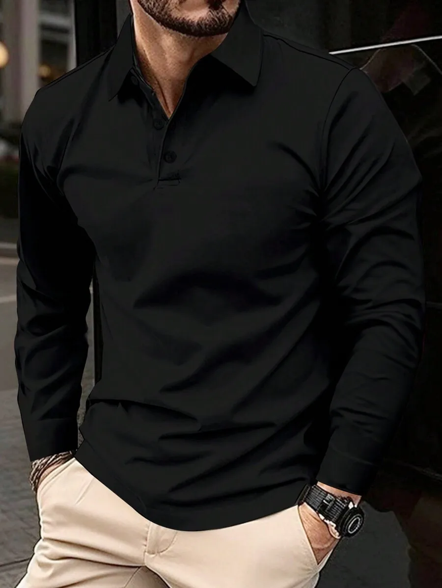 

Men's Solid Black Long Sleeve Polo Shirt, Casual Fit for Autumn