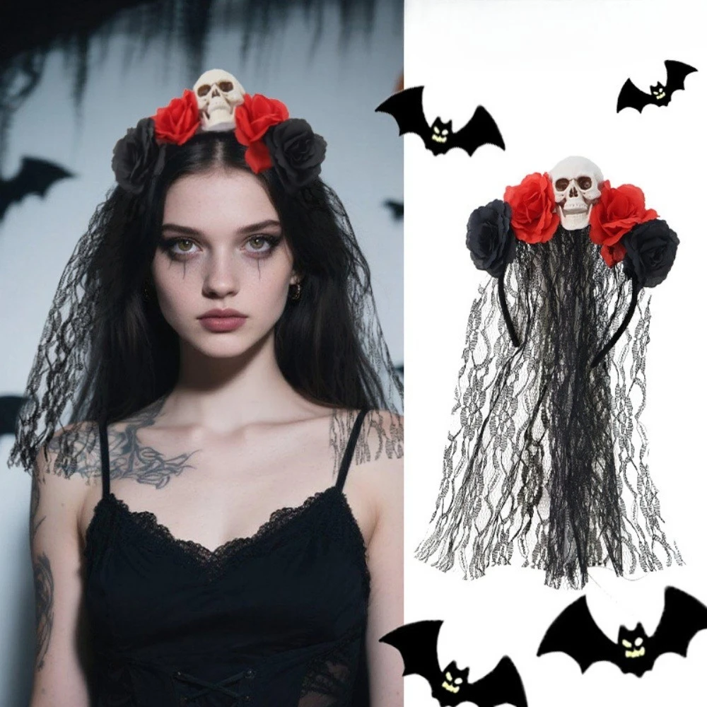 

Gothic Halloween Long Ribbon Veil Floral Hair Band Girls Day Of The Dead Red Rose Flowers Headdress Party Cosplay Head Hoop